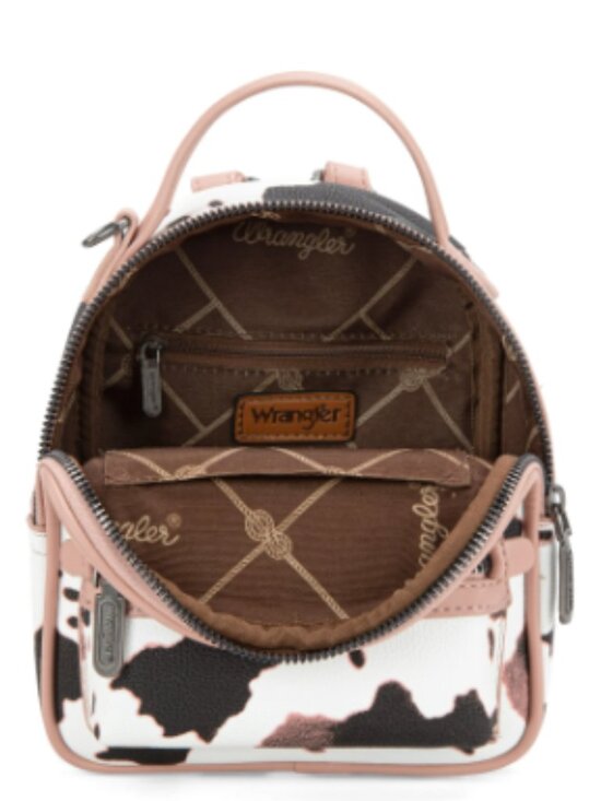 Wrangler Cow Print Mini Backpack with Matching Pouch – Pink Trim